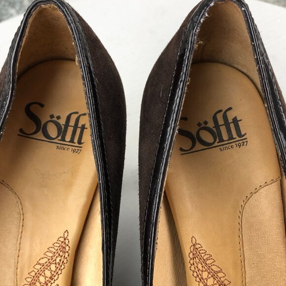 SOFFT Women's 7M Brown Suede Patent Leather Trim Peep Toe High Heel Pumps - Picture 12 of 13